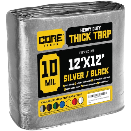 Core Tarps Heavy Duty Tarp, 12 ft L x 0.5 mm H x 12 ft W, 10 Mil, Silver/Black, Polyethylene CT-601-12X12